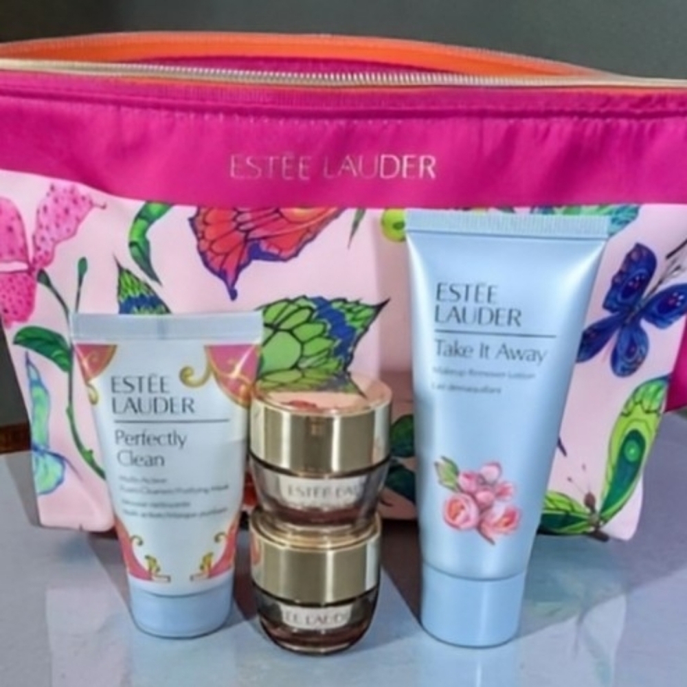 NEW Estée Lauder Skincare/ Makeup Remover Travel Size Set with Floral Travel Bag